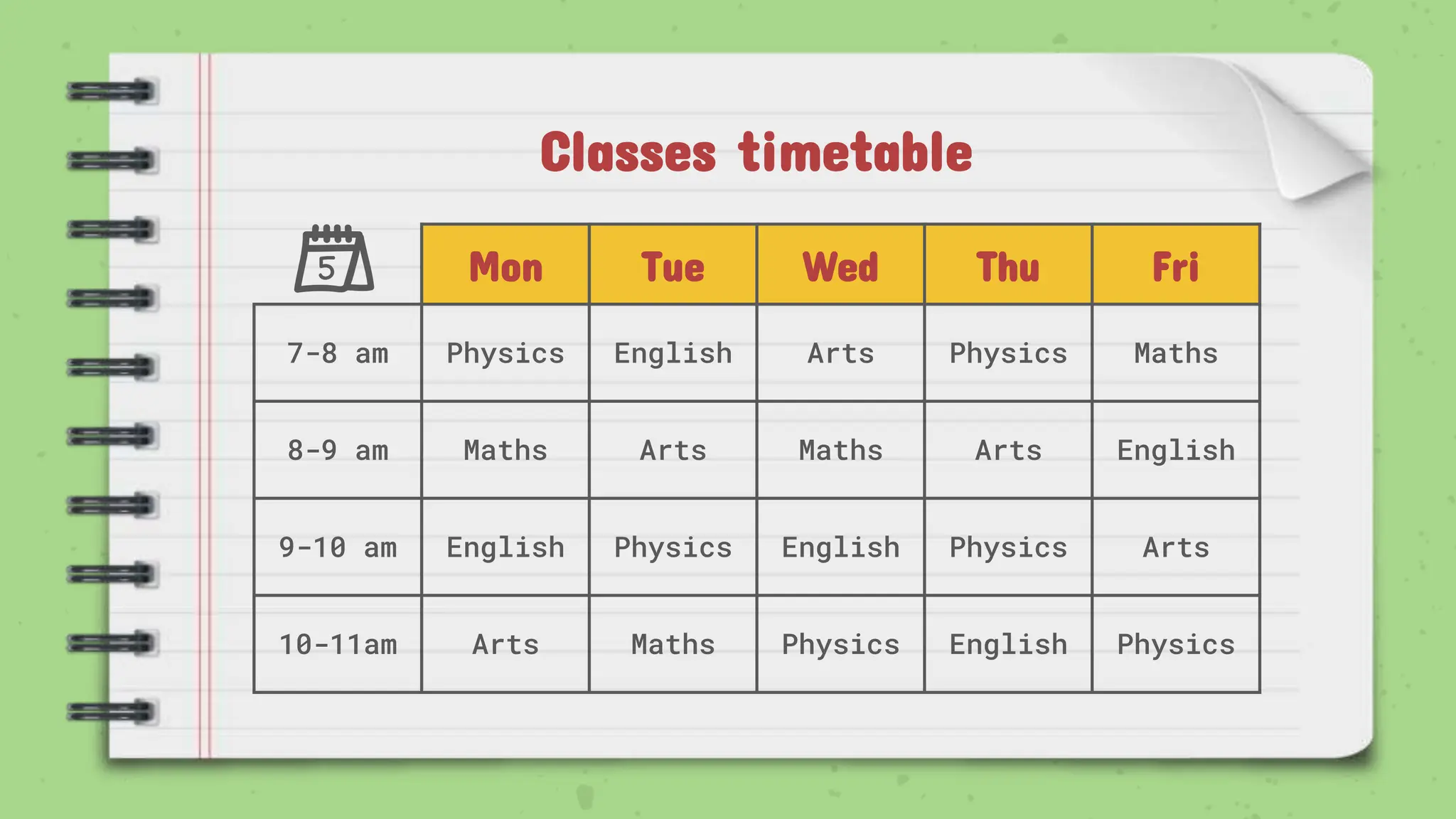 Classes timetable
Mon Tue Wed Thu Fri
7-8 am Physics English Arts Physics Maths
8-9 am Maths Arts Maths Arts English
9-10 am English Physics English Physics Arts
10-11am Arts Maths Physics English Physics
 