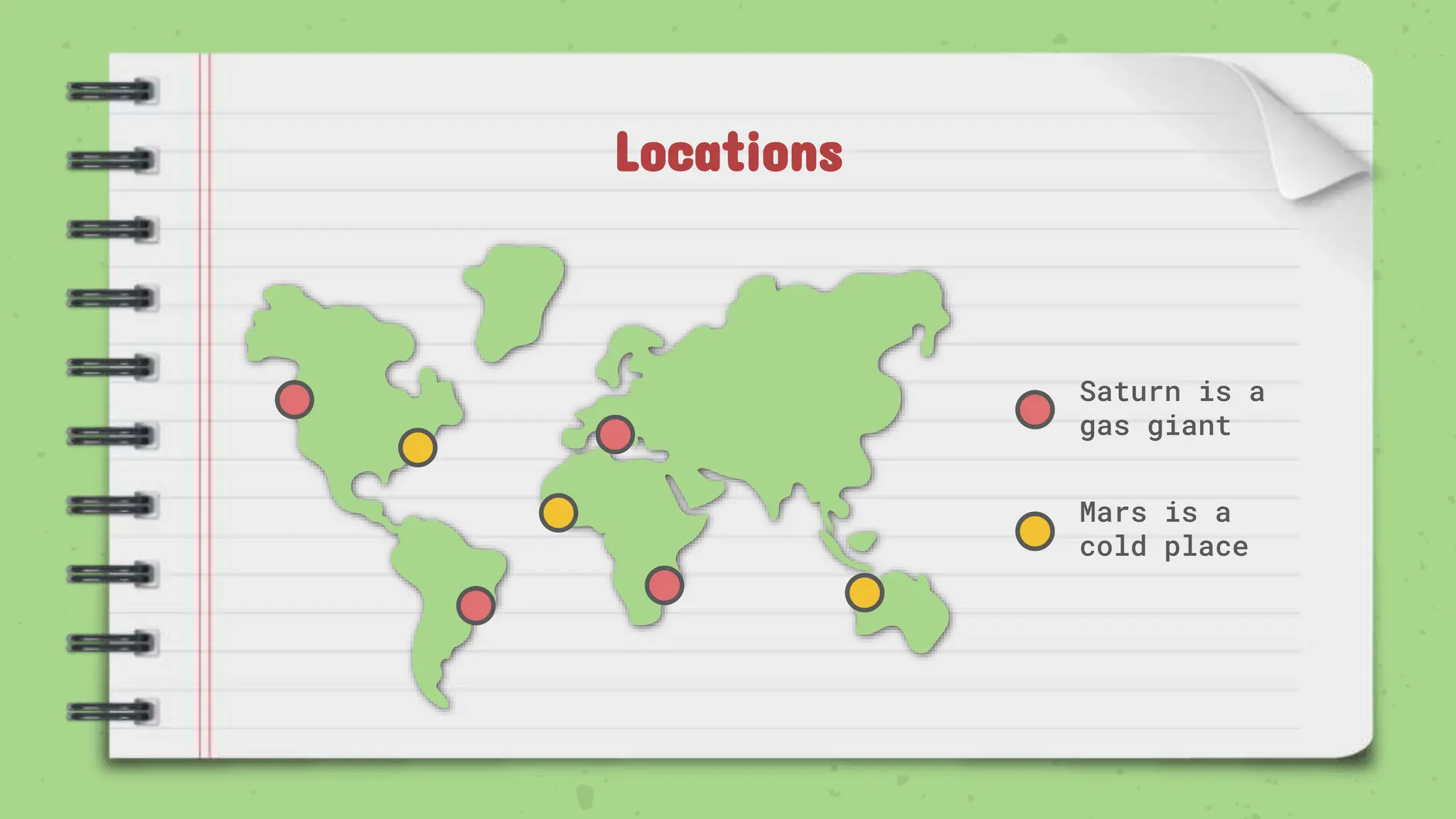 Locations
Mars is a
cold place
Saturn is a
gas giant
 