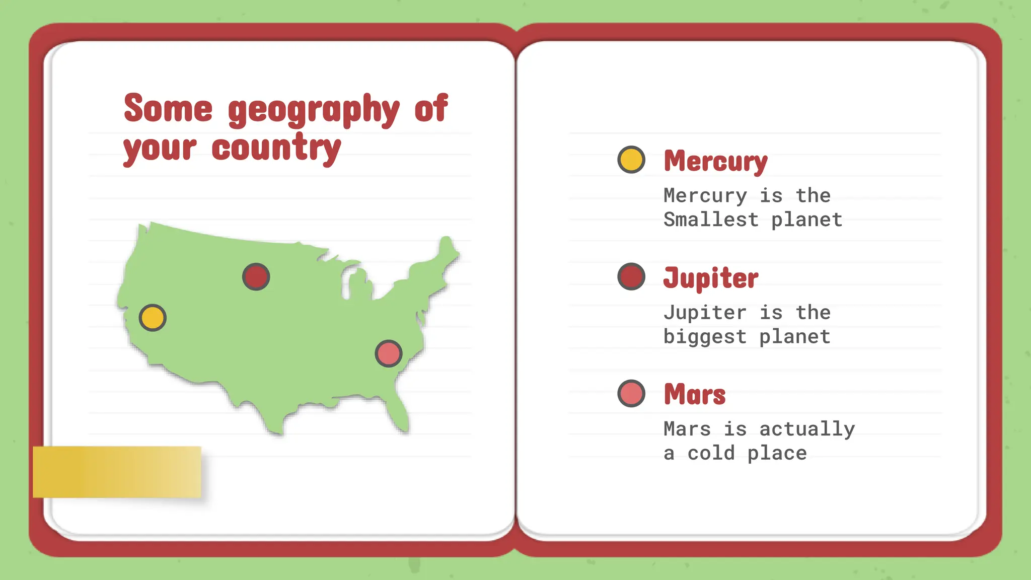 Some geography of
your country Mercury
Mercury is the
Smallest planet
Mars
Mars is actually
a cold place
Jupiter
Jupiter is the
biggest planet
 