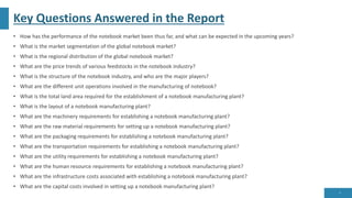 Key Questions Answered in the Report
• How has the performance of the notebook market been thus far, and what can be expected in the upcoming years?
• What is the market segmentation of the global notebook market?
• What is the regional distribution of the global notebook market?
• What are the price trends of various feedstocks in the notebook industry?
• What is the structure of the notebook industry, and who are the major players?
• What are the different unit operations involved in the manufacturing of notebook?
• What is the total land area required for the establishment of a notebook manufacturing plant?
• What is the layout of a notebook manufacturing plant?
• What are the machinery requirements for establishing a notebook manufacturing plant?
• What are the raw material requirements for setting up a notebook manufacturing plant?
• What are the packaging requirements for establishing a notebook manufacturing plant?
• What are the transportation requirements for establishing a notebook manufacturing plant?
• What are the utility requirements for establishing a notebook manufacturing plant?
• What are the human resource requirements for establishing a notebook manufacturing plant?
• What are the infrastructure costs associated with establishing a notebook manufacturing plant?
• What are the capital costs involved in setting up a notebook manufacturing plant?
9
 