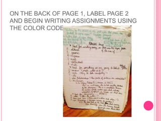 ON THE BACK OF PAGE 1, LABEL PAGE 2
AND BEGIN WRITING ASSIGNMENTS USING
THE COLOR CODES ESTABLISHED.
 
