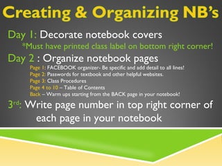 Day 1: Decorate notebook covers
   *Must have printed class label on bottom right corner!
Day 2 : Organize notebook pages
     Page 1: FACEBOOK organizer- Be specific and add detail to all lines!
     Page 2: Passwords for textbook and other helpful websites.
     Page 3: Class Procedures
     Page 4 to 10 – Table of Contents
     Back – Warm ups starting from the BACK page in your notebook!

3rd: Write page number in top right corner of
      each page in your notebook
 