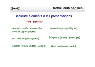 treballambpàgines
incloureelementsalespresentacions
fons i plantilles
Administración i evaluación/
fons de paper (pautes)
arts-música (pentagrama)
esports i lleure (pistes i camps) Gent i cultura (moneda)
Geografia (mapes i paisatges)
matemàtiques (gràfiques)
 