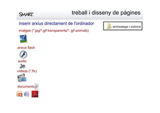 treballidissenydepàgines
inserirarxiusdirectamentdel'ordinador
imatges(*.jpg/*.giftransparents/*.gifanimats)
arxiusflash
vídeos(*.flv)
audio
documents
 