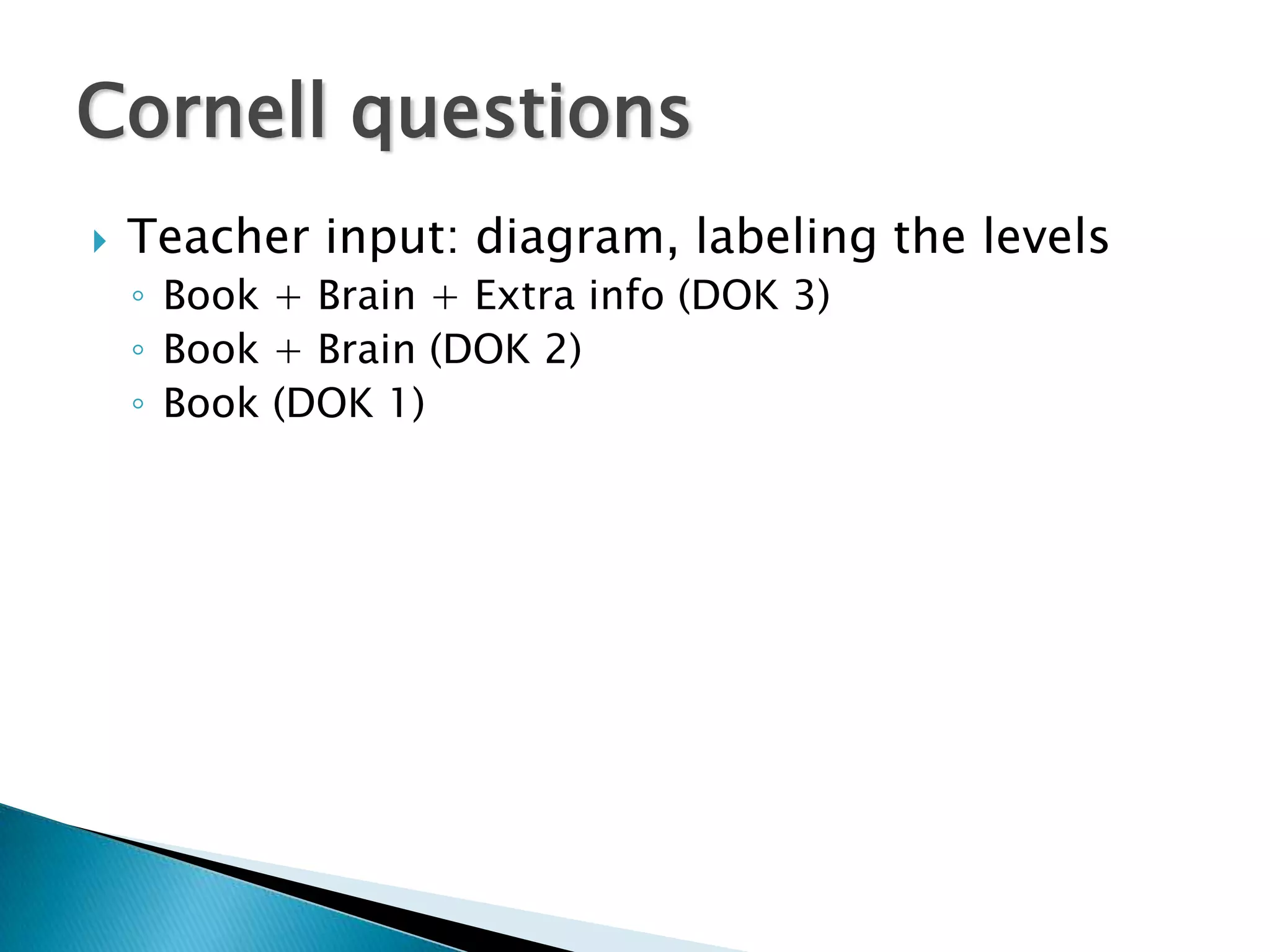 Grandma’s house: Mechanism to teach Cornell questioning(Hey… every page is set up for Cornell notes!)This is Costa’s three levels of questioningCornell questions