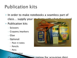 In order to make notebooks a seamless part of class… supply your students with what they need Publication kits Scissors Crayons/markers Glue Optional: Post-it notes Pencils Pens Highlighter (DonorsChoose is an option for acquiring this) 