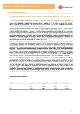 3
Note sectorielle - Mines - février 2013
Résumé-conclusions
Un arbitrage intéressant à opérer dans le secteur : SMI à l’Achat, Managem à la Vente et CMT à
Conserver
A l’issue de notre travail de réinitiation de couverture sur le secteur minier, nous ressortons avec des conclusions et
recommandations claires et tranchées sur les 3 sociétés du secteur cotées à la Bourse de Casablanca. Nous
recommandons Managem à la Vente avec un cours cible de 1 124 DH (-27.1% par rapport au dernier cours boursier),
SMI à l’Achat avec un cours cible de 4 451 DH (+23.6% par rapport au dernier cours boursier), et CMT à Conserver avec
un cours cible 1 487 DH (-9.3% par rapport au dernier cours boursier).
Ce travail de réinitiation fait notamment suite à l’intérêt boursier croissant des investisseurs pour ces 3 valeurs, qui s’est
traduit par des progressions des cours boursiers de Managem, SMI et CMT de 546%, 334% et 76% respectivement depuis
fin 2009. Ce travail visait également à procéder à une refonte des business plans de ces 3 sociétés en vue d’intégrer les
importantes mutations vécues par ces entreprises au cours de ces dernières années et qui devraient profondément changer
le profil de rentabilité de ces 3 valeurs à court et moyen terme, avec principalement la fin proche des couvertures et
surcouvertures défavorables contractées antérieurement par ces entreprises et qui ont lourdement pesé sur leur
rentabilité ces dernières années, la dimension africaine des futures activités de Managem et l’extension des
capacités de production de SMI dans un contexte marqué par des problématiques liées à l’alimentation du site en
eaux industrielles en raison de conflits avec les riverains de la mine.
Enfin ce travail a été l’occasion pour nous de soulever des questions importantes au sujet de la valorisation de ces
entreprises tout en y apportant les réponses qui selon nous sont les plus appropriées. Il s’agit ici principalement de savoir ce
que l’on valorise réellement dans une entreprise minière. S’agit-il de valoriser une entreprise qui agit en tant qu’entité
exploratrice et productrice avec une certaine capacité à pérenniser ou renouveler ces gisements ? Ou s’agit-il uniquement
de valoriser des mines existantes selon leurs durées de vie actuelles ? Selon nous la première vision correspond
davantage à la réalité économique d’entreprises comme Managem et SMI en raison (i) des importants efforts en
recherche et développement qui leur permettent de stabiliser voire de prolonger régulièrement les durées de vie de
leurs gisements et (ii) de l’habilité incontestable de leur management à décrocher de nouveaux permis miniers. De
ce fait, la valeur terminale au-delà de l’horizon explicite de nos business plans représentent 43.5% et 41.4% des valeurs
d’entreprises respectives de Managem et SMI issues de nos évaluations par la méthode DCF. Le cas de CMT est différent
selon nous dans la mesure où nous valorisons uniquement les ressources et réserves actuelles de la société.
Nous nous sommes également appuyés dans le calcul de nos cours cibles sur les valorisations induites par les multiples
EV/Ressources et Réserves actuelles. Les multiples appliqués sont issus d’une sélection d’entreprises minières
mondiales par type de matériau, permettant ainsi d’estimer la valeur d’entreprise de Managem et de SMI selon les divers
types de métaux composant leurs ressources et réserves actuelles. Ces multiples permettent d’apprécier la valeur d’une
entreprise selon le cours spot des matières premières produites et intègrent implicitement les perspectives d’évolution du
cours de ces métaux ainsi que le potentiel de régénération/extension des ressources et réserves actuelles par les
entreprises minières. Cette méthode de valorisation dont le résultat représente 50% des nos cours cibles pour
Managem et SMI nous a clairement conforté dans nos recommandations sur ces deux valeurs (Vente pour
Managem et Achat pour SMI), et n’a pas été retenue pour CMT dans la mesure où dans le cas de cette dernière
société, il s’agit plus de valoriser une mine existante sur la base de sa durée de vie actuelle, et moins une
entreprise minière semblable à celles retenues dans l’échantillon des sociétés comparables.
Tableau des recommandations :
08/02/2013 Cours (DH) Cours théorique (DH) Capi. (MDH) Recommandation
Managem 1 541 1 124 14 114 Vendre
SMI 3 602 4 451 5 926 Acheter
CMT 1 640 1 487 2 435 Conserver
 