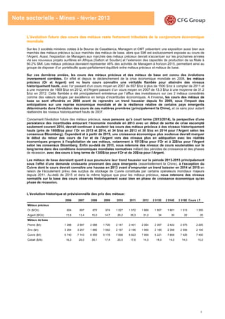 4
Note sectorielle - Mines - février 2013
L’évolution future des cours des métaux reste fortement tributaire de la conjoncture économique
mondiale
Sur les 3 sociétés minières cotées à la Bourse de Casablanca, Managem et CMT présentent une exposition aussi bien aux
marchés des métaux précieux qu’aux marchés des métaux de base, alors que SMI est exclusivement exposée au cours de
l’Argent. Aussi, l’exposition de Managem aux marchés des métaux précieux devrait s’accentuer sur les prochaines années
via ses nouveaux projets aurifères en Afrique (Gabon et Soudan) et l’extension des capacités de production de sa filiale à
80.2% SMI. Les métaux précieux devraient représenter 48% des activités de Managem à horizon 2015, permettant ainsi au
groupe de disposer d’un portefeuille quasi-parfaitement équilibré entre métaux précieux et métaux de base.
Sur ces dernières années, les cours des métaux précieux et des métaux de base ont connu des évolutions
inversement corrélées. En effet et depuis le déclenchement de la crise économique mondiale en 2008, les métaux
précieux (Or et Argent) ont vu leurs cours connaître une véritable flambée pour atteindre des niveaux
historiquement hauts, avec l’or passant d’un cours moyen en 2007 de 697 $/oz à plus de 1500 $/oz à compter de 2011 et
à une moyenne de 1669 $/oz en 2012, et l’Argent passant d’un cours moyen en 2007 de 13.3 $/oz à une moyenne de 31.2
$/oz en 2012. Cette flambée a été principalement entretenue par l’afflux des investisseurs sur ces 2 métaux considérés
comme des valeurs refuges par excellence en temps d’incertitudes économiques. A l’inverse, les cours des métaux de
base se sont effondrés en 2008 avant de reprendre un trend haussier depuis fin 2009, sous l’impact des
anticipations sur une reprise économique mondiale et de la résilience relative de certains pays émergents
déterminants dans l’évolution des cours de ces matières premières (principalement la Chine), et ce sans pour autant
réatteindre les niveaux historiquement hauts de 2007.
Concernant l’évolution future des métaux précieux, nous pensons qu’à court terme (2013/2014), la perspective d’une
persistance des incertitudes entourant l’économie mondiale en 2013 avec un début de sortie de crise escompté
seulement courant 2014, devrait continuer à soutenir les cours des métaux précieux à des niveaux historiquement
hauts (près de 1800$/oz pour l’Or en 2013 et 2014, et 34 $/oz en 2013 et 30 $/oz en 2014 pour l’Argent selon les
consensus Bloomberg). Cependant et à partir de 2015, une croissance économique plus soutenue devrait marquer
le début du retour des cours de l’or et de l’Argent vers des niveaux plus en adéquation avec les réalités
économiques propres à l’exploitation de ces métaux, notamment à 1513$/oz pour l’Or et à 22$/oz pour l’Argent
selon les consensus Bloomberg. Enfin au-delà de 2015, nous retenons des niveaux de cours soutenables sur le
long terme dans des conditions économiques mondiales normatives mêlant des périodes de croissance et des phases
de récession, avec des cours à long terme de 1300$/oz pour l’Or et de 20$/oz pour l’Argent.
Les métaux de base devraient quant à eux poursuivre leur trend haussier sur la période 2013-2015 principalement
sous l’effet d’une demande croissante provenant des pays émergents (essentiellement la Chine), à l’exception du
Cuivre dont le cours devrait connaître une hausse en 2013 avant d’emprunter un trend baissier en 2014 et 2015 en
raison de l’écoulement prévu des surplus de stockage de Cuivre constitués par certains opérateurs mondiaux majeurs
depuis 2011. Au-delà de 2015 et dans la même logique que pour les métaux précieux, nous retenons des niveaux
normatifs sur la base des cours observés historiquement aussi bien en phase de croissance économique qu’en
phase de récession.
L’évolution historique et prévisionnelle des prix des métaux:
2006 2007 2008 2009 2010 2011 2012 2 013E 2 014E 2 015E Cours LT
Métaux précieux
Or ($/Oz) 604 697 872 974 1 227 1 572 1 669 1 807 1 801 1 513 1 300
Argent ($/Oz) 11,6 13,4 15,0 14,7 20,2 35,3 31,2 34 30 22 20
Métaux de base
Plomb ($/t) 1 288 2 597 2 088 1 726 2 147 2 401 2 064 2 267 2 422 2 675 2 200
Zinc ($/t) 3 264 3 257 1 880 1 662 2 157 2 196 1 950 2 189 2 358 2 556 2 100
Cuivre ($/t) 6 740 7 143 6 959 5 178 7 558 8 823 7 959 8 221 7 808 7 426 7 400
Cobalt ($/lb) 16,3 29,0 39,1 17,4 20,5 17,6 14,0 14,0 14,0 14,0 15,0
 