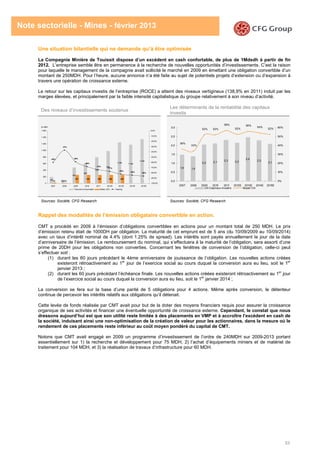 53
Note sectorielle - Mines - février 2013
Une situation bilantielle qui ne demande qu’à être optimisée
La Compagnie Minière de Touissit dispose d’un excédent en cash confortable, de plus de 1Mdsdh à partir de fin
2012. L’entreprise semble être en permanence à la recherche de nouvelles opportunités d’investissements. C’est la raison
pour laquelle le management de la compagnie avait sollicité le marché en 2009 en émettant une obligation convertible d’un
montant de 250MDH. Pour l’heure, aucune annonce n’a été faite au sujet de potentiels projets d’extension ou d’expansion à
travers une opération de croissance externe.
Le retour sur les capitaux investis de l’entreprise (ROCE) a atteint des niveaux vertigineux (138,9% en 2011) induit par les
marges élevées, et principalement par la faible intensité capitalistique du groupe relativement à son niveau d’activité.
Des niveaux d’investissements soutenus
Les déterminants de la rentabilité des capitaux
investis
Sources: Société, CFG Research Sources: Société, CFG Research
Rappel des modalités de l’émission obligataire convertible en action.
CMT a procédé en 2009 à l’émission d’obligations convertibles en actions pour un montant total de 250 MDH. Le prix
d’émission retenu était de 1000DH par obligation. La maturité de cet emprunt est de 5 ans (du 10/09/2009 au 10/09/2014)
avec un taux d’intérêt nominal de 4.4% (dont 1.25% de spread). Les intérêts sont payés annuellement le jour de la date
d’anniversaire de l’émission. Le remboursement du nominal, qui s’effectuera à la maturité de l’obligation, sera assorti d’une
prime de 20DH pour les obligations non converties. Concernant les fenêtres de conversion de l’obligation, celle-ci peut
s’effectuer soit :
(1) durant les 60 jours précédant le 4ème anniversaire de jouissance de l’obligation. Les nouvelles actions créées
existeront rétroactivement au 1er
jour de l’exercice social au cours duquel la conversion aura eu lieu, soit le 1er
janvier 2013 ;
(2) durant les 60 jours précédant l’échéance finale. Les nouvelles actions créées existeront rétroactivement au 1er
jour
de l’exercice social au cours duquel la conversion aura eu lieu, soit le 1er
janvier 2014 ;
La conversion se fera sur la base d’une parité de 5 obligations pour 4 actions. Même après conversion, le détenteur
continue de percevoir les intérêts relatifs aux obligations qu’il détenait.
Cette levée de fonds réalisée par CMT avait pour but de la doter des moyens financiers requis pour assurer la croissance
organique de ses activités et financer une éventuelle opportunité de croissance externe. Cependant, le constat que nous
dressons aujourd’hui est que son utilité reste limitée à des placements en VMP et à accroître l’excédent en cash de
la société, induisant ainsi une non-optimisation de la création de valeur pour les actionnaires, dans la mesure où le
rendement de ces placements reste inférieur au coût moyen pondéré du capital de CMT.
Notons que CMT avait engagé en 2009 un programme d’investissement de l’ordre de 240MDH sur 2009-2013 portant
essentiellement sur 1) la recherche et développement pour 75 MDH, 2) l’achat d’équipements miniers et de matériel de
traitement pour 104 MDH, et 3) la réalisation de travaux d’infrastructure pour 60 MDH.
195
103
483
606
797
986
1 246
1 182
1 348
19 10
257 255 255 255 255
- -
-60%
-37%
-59%
-68%
-74%
-77%
-82%
-85% -86%
0
200
400
600
800
1 000
1 200
1 400
1 600
2007 2008 2009 2010 2011 2012E 2013E 2014E 2015E
-100,0%
-90,0%
-80,0%
-70,0%
-60,0%
-50,0%
-40,0%
-30,0%
-20,0%
-10,0%
0,0%
Trésorerie et équivalent Dettes (OC) Gearing
En MDH
1,5 1,4
2,0 2,1
2,3 2,2
2,4
2,3
2,1
36%
33%
52% 52%
56%
52%
56%
54%
52%
0,0
0,5
1,0
1,5
2,0
2,5
3,0
2007 2008 2009 2010 2011 2012E 2013E 2014E 2015E
0%
10%
20%
30%
40%
50%
60%
CA/ Capit aux invest is Nopat / CA
 