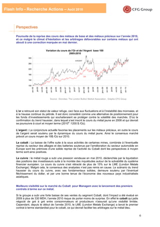 Flash Info - Recherche Actions – Août 2010



      Perspectives

      Poursuite de la reprise des cours des métaux de base et des métaux précieux sur l’année 2010,
      et ce malgré le climat d’hésitation et les arbitrages défavorables sur certains métaux qui ont
      abouti à une correction marquée en mai dernier.


                                                   Variation du cours de l’Or et de l’Argent base 100
                                                                       2005-2010
                 300
                                                                                                                 ARGENT
                 260

                 220

                 180
                                                                                                                               OR
                 140


                 100
                       avr-05

                                juil-05

                                          oct-05

                                                   janv-06

                                                             avr-06

                                                                      juil-06

                                                                                oct-06

                                                                                         janv-07

                                                                                                   avr-07

                                                                                                            juil-07

                                                                                                                      oct-07

                                                                                                                               janv-08

                                                                                                                                         avr-08

                                                                                                                                                  juil-08

                                                                                                                                                            oct-08

                                                                                                                                                                     janv-09

                                                                                                                                                                               avr-09

                                                                                                                                                                                        juil-09

                                                                                                                                                                                                  oct-09

                                                                                                                                                                                                           janv-10

                                                                                                                                                                                                                     avr-10
          Le c
                                                             Source : Données: The London Bullion Market Association , Graphe CFG Group




      L’or a retrouvé son statut de valeur refuge, ceci face aux fluctuations et à l’instabilité des monnaies, et
      à la hausse continue du pétrole. Il est donc considéré comme une alternative de positionnement pour
      les fonds d’investissements qui souhaiteraient se protéger contre la volatilité des marchés. D’où la
      confirmation du trend haussier, dans lequel s’est inscrit le cours du métal jaune en 2008 et qui devrait
                                                   e
      se poursuivre à court et moyen terme (2010 :1200 $ /Oz).

      L’argent : La conjoncture actuelle favorise les placements sur les métaux précieux, en outre le cours
      de l’argent serait soutenu par la dynamique du cours du métal jaune. Ainsi le consensus marché
      prévoit un cours moyen de 19$ /Oz sur 2010.

      Le cobalt : La baisse de l’offre suite à la sous activités de certaines mines, combinée à l’éventuelle
      reprise du secteur des alliages et des batteries soutenue par l’amélioration du secteur automobile en
      Europe sont les prémices d’une solide reprise de l’activité du Cobalt dont les perspectives à moyen
      terme sont ainsi positives.

      Le cuivre : le métal rouge a subi une pression vendeuse en mai 2010, déclenchée par la liquidation
      des positions des investisseurs suite à la montée des inquiétudes autour de la solvabilité du système
      financier européen. Le cours du cuivre s’est rétracté de plus de 15% sur le LME (London Metals
      Exchange). Malgré cela, le consensus des analystes n’est pas remis en cause. Le scénario du trend
      haussier du cours du cuivre, avec ses fondamentaux solides, demeure soutenu par l’éventuel
      fléchissement du dollar, et par une bonne tenue de l’économie des nouveaux pays industrialisés
      asiatiques.


      Meilleure visibilité sur le marché du Cobalt pour Managem avec le lancement des premiers
      contrats à terme sur ce métal.

      Si le groupe a subi une forte baisse de ses ventes du segment Cobalt, dont l’impact a été évalué en
      2009 à plus de 330 MDH, l’année 2010 risque de porter moins de surprise. En effet le cobalt qui jadis
      négocié de gré à gré entre consommateurs et producteurs n'assurait qu'une visibilité limitée.
      Cependant, depuis le début de l’année 2010, le LME (London Metals Exchange) a lancé le premier
      contrat à terme standardisé pour le cobalt, ce qui devrait faciliter les arbitrages sur le métal bleu.

                                                                                                                                                                                                                              6
 