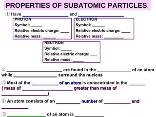 PROPERTIES OF SUBATOMIC PARTICLES Have  ___________________  and  ___________________ _______________________  are found in the ______________ of an atom while  __________________  surround the nucleus Most of the  ___________ of an atom  is concentrated in the   _______  ( mass of _____________________ greater than mass of ___________________) An atom consists of an  __________ number  of  ___________ and ___________ ________________  of an atom is  ____________ PROTON Symbol: _____ Relative electric charge: ____ Relative mass: ______ ELECTRON Symbol: ______ Relative electric charge: ____ Relative mass: _________ NEUTRON Symbol: _____ Relative electric charge: ___ Relative mass: _____ 