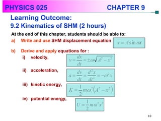 PHYSICS 025                                           CHAPTER 9
 Learning Outcome:
 9.2 Kinematics of SHM (2 hours)
 At the end of this chapter, students should be able to:
 a) Write and use SHM displacement equation x  A sin t

 b)   Derive and apply equations for :
      i) velocity,             dx
                              v          A2  x 2
                                   dt
      ii) acceleration,          dv d 2 x
                              a    2   2 x
                                 dt dt
      iii) kinetic energy,
                                 1
                                             
                              K  m 2 A2  x 2
                                 2
                                                      
      iv) potential energy,
                                         1
                                   U      m 2 x 2
                                         2
                                                                  10
 