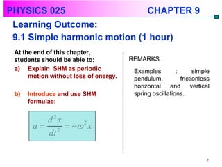 PHYSICS 025                   CHAPTER 9
 Learning Outcome:
 9.1 Simple harmonic motion (1 hour)
 At the end of this chapter,
 students should be able to:           REMARKS :
 a) Explain SHM as periodic             Examples         :       simple
      motion without loss of energy.    pendulum,          frictionless
                                        horizontal    and       vertical
 b)   Introduce and use SHM             spring oscillations.
      formulae:

              2
          d x
       a  2   2 x
          dt

                                                                      2
 