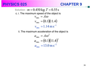 PHYSICS 025                                   CHAPTER 9
     Solution : m  0.450 kg; T  0.55 s
     c. i. The maximum speed of the object is
                      vmax  A
                      vmax  0.111.4
                      vmax  1.14 m s 1
        ii. The maximum acceleration of the object is
                      amax  A    2


                      amax  0.111.4
                                         2


                      amax  13.0 m s 2




                                                          38
 
