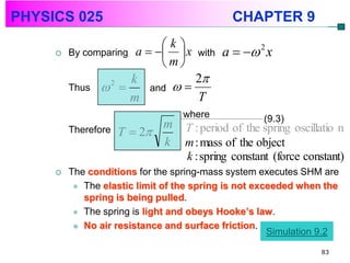 PHYSICS 025                                 CHAPTER 9
                           k
         By comparing a    x with a   x
                                            2
     
                           m
                     k           2
         Thus          and  
                 2

                     m           T
                                  where         (9.3)
                            m T : period of the spring oscillatio n
         Therefore   T  2
                            k m : mass of the object
                              k : spring constant (force constant)
        The conditions for the spring-mass system executes SHM are
           The elastic limit of the spring is not exceeded when the
            spring is being pulled.
           The spring is light and obeys Hooke’s law.

           No air resistance and surface friction.
                                                      Simulation 9.2
                                                                83
 