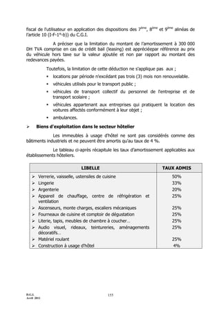 D.G.I.
Avril 2011
155
fiscal de l'utilisateur en application des dispositions des 7ème
, 8ème
et 9ème
alinéas de
l’article 10 (I-F-1°-b)) du C.G.I.
A préciser que la limitation du montant de l’amortissement à 300 000
DH TVA comprise en cas de crédit bail (leasing) est appréciéepar référence au prix
du véhicule hors taxe sur la valeur ajoutée et non par rapport au montant des
redevances payées.
Toutefois, la limitation de cette déduction ne s'applique pas aux ;
 locations par période n'excédant pas trois (3) mois non renouvelable.
 véhicules utilisés pour le transport public ;
 véhicules de transport collectif du personnel de l'entreprise et de
transport scolaire ;
 véhicules appartenant aux entreprises qui pratiquent la location des
voitures affectés conformément à leur objet ;
 ambulances.
 Biens d'exploitation dans le secteur hôtelier
Les immeubles à usage d'hôtel ne sont pas considérés comme des
bâtiments industriels et ne peuvent être amortis qu'au taux de 4 %.
Le tableau ci-après récapitule les taux d’amortissement applicables aux
établissements hôteliers.
LIBELLE TAUX ADMIS
 Verrerie, vaisselle, ustensiles de cuisine
 Lingerie
 Argenterie
 Appareil de chauffage, centre de réfrigération et
ventilation
 Ascenseurs, monte charges, escaliers mécaniques
 Fourneaux de cuisine et comptoir de dégustation
 Literie, tapis, meubles de chambre à coucher…
 Audio visuel, rideaux, teintureries, aménagements
décoratifs…
 Matériel roulant
 Construction à usage d'hôtel
50%
33%
20%
25%
25%
25%
25%
25%
25%
4%
 