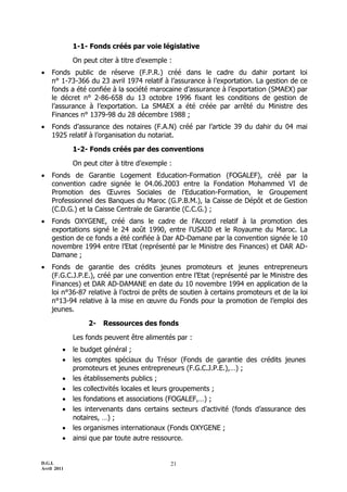 D.G.I.
Avril 2011
21
1-1- Fonds créés par voie législative
On peut citer à titre d’exemple :
 Fonds public de réserve (F.P.R.) créé dans le cadre du dahir portant loi
n° 1-73-366 du 23 avril 1974 relatif à l’assurance à l’exportation. La gestion de ce
fonds a été confiée à la société marocaine d’assurance à l’exportation (SMAEX) par
le décret n° 2-86-658 du 13 octobre 1996 fixant les conditions de gestion de
l’assurance à l’exportation. La SMAEX a été créée par arrêté du Ministre des
Finances n° 1379-98 du 28 décembre 1988 ;
 Fonds d’assurance des notaires (F.A.N) créé par l’article 39 du dahir du 04 mai
1925 relatif à l’organisation du notariat.
1-2- Fonds créés par des conventions
On peut citer à titre d’exemple :
 Fonds de Garantie Logement Education-Formation (FOGALEF), créé par la
convention cadre signée le 04.06.2003 entre la Fondation Mohammed VI de
Promotion des Œuvres Sociales de l'Education-Formation, le Groupement
Professionnel des Banques du Maroc (G.P.B.M.), la Caisse de Dépôt et de Gestion
(C.D.G.) et la Caisse Centrale de Garantie (C.C.G.) ;
 Fonds OXYGENE, créé dans le cadre de l'Accord relatif à la promotion des
exportations signé le 24 août 1990, entre l'USAID et le Royaume du Maroc. La
gestion de ce fonds a été confiée à Dar AD-Damane par la convention signée le 10
novembre 1994 entre l’Etat (représenté par le Ministre des Finances) et DAR AD-
Damane ;
 Fonds de garantie des crédits jeunes promoteurs et jeunes entrepreneurs
(F.G.C.J.P.E.), créé par une convention entre l’Etat (représenté par le Ministre des
Finances) et DAR AD-DAMANE en date du 10 novembre 1994 en application de la
loi n°36-87 relative à l’octroi de prêts de soutien à certains promoteurs et de la loi
n°13-94 relative à la mise en œuvre du Fonds pour la promotion de l’emploi des
jeunes.
2- Ressources des fonds
Les fonds peuvent être alimentés par :
 le budget général ;
 les comptes spéciaux du Trésor (Fonds de garantie des crédits jeunes
promoteurs et jeunes entrepreneurs (F.G.C.J.P.E.),…) ;
 les établissements publics ;
 les collectivités locales et leurs groupements ;
 les fondations et associations (FOGALEF,…) ;
 les intervenants dans certains secteurs d’activité (fonds d’assurance des
notaires, …) ;
 les organismes internationaux (Fonds OXYGENE ;
 ainsi que par toute autre ressource.
 