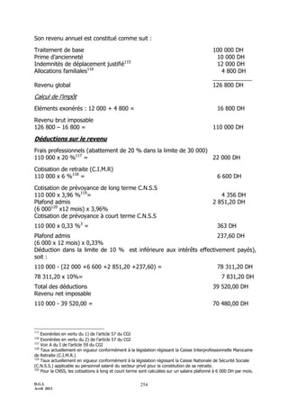 D.G.I.
Avril 2011
254
Son revenu annuel est constitué comme suit :
Traitement de base 100 000 DH
Prime d’ancienneté 10 000 DH
Indemnités de déplacement justifié115
12 000 DH
Allocations familiales116
4 800 DH
Revenu global 126 800 DH
Calcul de l’impôt
Eléments exonérés : 12 000 + 4 800 = 16 800 DH
Revenu brut imposable
126 800 Ŕ 16 800 = 110 000 DH
Déductions sur le revenu
Frais professionnels (abattement de 20 % dans la limite de 30 000)
110 000 x 20 %117
= 22 000 DH
Cotisation de retraite (C.I.M.R)
110 000 x 6 %118
= 6 600 DH
Cotisation de prévoyance de long terme C.N.S.S
110 000 x 3,96 %119
= 4 356 DH
Plafond admis 2 851,20 DH
(6 000120
x12 mois) x 3,96%
Cotisation de prévoyance à court terme C.N.S.S
110 000 x 0,33 %3
= 363 DH
Plafond admis 237,60 DH
(6 000 x 12 mois) x 0,33%
Déduction dans la limite de 10 % est inférieure aux intérêts effectivement payés),
soit :
110 000 - (22 000 +6 600 +2 851,20 +237,60) = 78 311,20 DH
78 311,20 x 10%= 7 831,20 DH
Total des déductions 39 520,00 DH
Revenu net imposable
110 000 - 39 520,00 = 70 480,00 DH
115
Exonérées en vertu du 1) de l’article 57 du CGI
116
Exonérées en vertu du 2) de l’article 57 du CGI
117
Voir A du I de l’article 59 du CGI
118
Taux actuellement en vigueur conformément à la législation régissant la Caisse Interprofessionnelle Marocaine
de Retraite (C.I.M.R.)
119
Taux actuellement en vigueur conformément à la législation régissant la Caisse Nationale de Sécurité Sociale
(C.N.S.S.) applicable au personnel salarié du secteur privé pour la constitution de sa retraite.
120
Pour la CNSS, les cotisations à long et court terme sont calculées sur un salaire plafonné à 6 000 DH par mois.
 