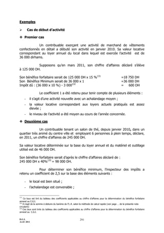 D.G.I.
Avril 2011
291
Exemples
 Cas de début d’activité
 Premier cas
Un contribuable exerçant une activité de marchand de vêtements
confectionnés en détail a débuté son activité en janvier 2010. Sa valeur locative
correspondant au loyer annuel du local dans lequel est exercée l’activité est de
36 000 dirhams.
Supposons qu’en mars 2011, son chiffre d’affaires déclaré s’élève
à 125 000 DH.
Son bénéfice forfaitaire serait de 125 000 DH x 15 %131
=18 750 DH
Son Bénéfice Minimum serait de 36 000 x 1 =36 000 DH
Impôt dû : (36 000 x 10 %) - 3 000132
= 600 DH
Le coefficient 1 a été retenu pour tenir compte de plusieurs éléments :
- il s’agit d’une activité nouvelle avec un achalandage moyen ;
- la valeur locative correspondant aux loyers actuels pratiqués est assez
élevée ;
- le niveau de l’activité a été moyen au cours de l’année concernée.
 Deuxième cas
Un contribuable tenant un salon de thé, depuis janvier 2010, dans un
quartier très animé du centre ville et employant 6 personnes à plein temps, déclare,
en 2011, un chiffre d’affaires de 245 000 DH.
Sa valeur locative déterminée sur la base du loyer annuel et du matériel et outillage
utilisé est de 46 000 DH.
Son bénéfice forfaitaire serait d’après le chiffre d’affaires déclaré de :
245 000 DH x 40%133
= 98 000 DH.
Pour déterminer son bénéfice minimum, l’inspecteur des impôts a
retenu un coefficient de 2,5 sur la base des éléments suivants :
- le local est bien situé ;
- l’achalandage est convenable ;
131
Ce taux est tiré du tableau des coefficients applicables au chiffre d’affaires pour la détermination du bénéfice forfaitaire
annexé au C.G.I.
132
Il s’agit de la somme à déduire du barème de l’I..R. selon la méthode de calcul rapide (voir page … de la présente note
circulaire)
133
Ces taux sont tirés du tableau des coefficients applicables au chiffre d’affaires pour la détermination du bénéfice forfaitaire
annexé au C.G.I.
 
