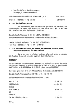 D.G.I.
Avril 2011
292
- le chiffre d’affaires réalisé est moyen ;
- les employés sont assez nombreux.
Son bénéfice minimum serait donc de 46 000 X 2,5 = 115 000 DH
Impôt dû : (115 000 x 34 %) - 17 200 = 21 900 DH
 Cas d’activités anciennes
Un marchand en détail de chaussures qui exerce son activité sur un
boulevard principal depuis 1980 acquitte un loyer annuel de 20 000 DH. En mars
2011, il déclare un chiffre d’affaires de 350 000 DH.
Son bénéfice forfaitaire est de 350 000 x 20 %= 70 000 DH
Son bénéfice minimum d’après lequel il sera imposé est de 90 000 DH :
- valeur locative X coefficient (20 000 X 4,5 = 90 000 DH).
- impôt dû : (90 000 x 34 %) Ŕ 17 200= 13 400 DH
 Cas d’activités nouvelles, de cession, de cessation, de décès ou de
départ de l’exploitant en cours d’année
Dans ces cas, le bénéfice minimum déterminé selon la méthode
développée ci-dessus est ramené à la période d’activité effective.
Exemple :
Soit un marchand de chaussures en demi-gros qui a débuté son activité à compter
du 1/07/2010, sa valeur locative correspondant au loyer du local sur la période allant
du 1/07/2010 au 31/12/2010 est de 24 000 DH (loyer mensuel 4 000 DH)
Supposons qu’en mars 2011 son chiffre d’affaires déclaré s’élève à 350 000 DH
Son bénéfice forfaitaire serait de 350 000 x 15 % = 52 500 DH
Son bénéfice minimum serait de : loyer mensuel x 12 soit :
4 000 x 12 = 48 000 DH
48 000 x 2,5 = 120 000 DH
Prorata
120 000 X 6 = 60 000 DH
12
Impôt dû :
(60 000 x 20%) Ŕ 8 000 = 4 000 DH
 