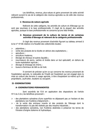 D.G.I.
Avril 2011
299
Les bénéfices, revenus, plus-values et gains provenant de cette activité
relèvent suivant le cas de la catégorie des revenus agricoles ou de celle des revenus
professionnels.
1- Revenus de nature agricole
Relèvent de cette catégorie, les activités de culture et d’élevage qui ne
sont pas soumises à la taxe professionnelle. Il s’agit de la plupart des activités
agricoles, puisque la taxe professionnelle ne concerne qu’une liste limitée.
2- Revenus provenant de la culture de terres et de certaines
activités d’élevage et relevant de la catégorie professionnelle
Il s’agit des revenus provenant d’activités figurant au tableau annexé à
la loi n° 47-06 relative à la fiscalité des collectivités locales:
 pépinières ;
 vente des produits de la récolte en dehors des exploitations ;
 apiculture ;
 aviculture moderne;
 élevage de chevaux et autres équidés ;
 nourrisseurs de porcs, vaches et brebis dans un but spéculatif, en dehors de
toute exploitation agricole ;
 élevage et dressage de chiens ;
 loueurs d’animaux de bât ou de trait.
Il convient de préciser qu’en ce qui concerne les revenus provenant de
l’exploitation agricole, le redevable de l’impôt est l’exploitant qui est engagé dans la
mise en culture des terrains à usage agricole, à titre d’exploitant lui-même qu’il soit
propriétaire, usufruitier, locataire ou occupant.
II- EXONERATIONS
A- EXONERATIONS PERMANENTES
Sont exonérés de l’I.R en application des dispositions de l’article
47-I du C.G.I, les bénéfices provenant :
 - des plantations sylvestres d’une superficie ne dépassant pas un hectare et des
plantations non fruitières d’alignement ;
 - de la vente des animaux vivants et des produits de l’élevage dont la
transformation n’a pas été réalisée par des moyens industriels ;
 - des plantations sylvestres, non fruitières destinées à préserver les terres de
l’érosion d’origine éolienne et hydraulique.
 