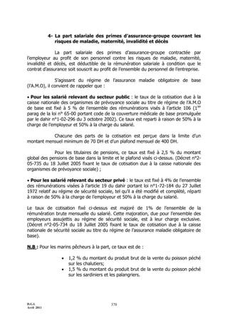 D.G.I.
Avril 2011
370
4- La part salariale des primes d’assurance-groupe couvrant les
risques de maladie, maternité, invalidité et décès
La part salariale des primes d’assurance-groupe contractée par
l’employeur au profit de son personnel contre les risques de maladie, maternité,
invalidité et décès, est déductible de la rémunération salariale à condition que le
contrat d’assurance soit souscrit au profit de l’ensemble du personnel de l’entreprise.
S’agissant du régime de l’assurance maladie obligatoire de base
(l’A.M.O), il convient de rappeler que :
 Pour les salarié relevant du secteur public : le taux de la cotisation due à la
caisse nationale des organismes de prévoyance sociale au titre de régime de l’A.M.O
de base est fixé à 5 % de l’ensemble des rémunérations visés à l’article 106 (1ier
parag de la loi n° 65-00 portant code de la couverture médicale de base promulguée
par le dahir n°1-02-296 du 3 octobre 2002). Ce taux est reparti à raison de 50% à la
charge de l’employeur et 50% à la charge du salarié.
Chacune des parts de la cotisation est perçue dans la limite d’un
montant mensuel minimum de 70 DH et d’un plafond mensuel de 400 DH.
Pour les titulaires de pensions, ce taux est fixé à 2,5 % du montant
global des pensions de base dans la limite et le plafond visés ci-dessus. (Décret n°2-
05-735 du 18 Juillet 2005 fixant le taux de cotisation due à la caisse nationale des
organismes de prévoyance sociale) ;
 Pour les salarié relevant du secteur privé : le taux est fixé à 4% de l’ensemble
des rémunérations visées à l’article 19 du dahir portant loi n°1-72-184 du 27 Juillet
1972 relatif au régime de sécurité sociale, tel qu’il a été modifié et complété, réparti
à raison de 50% à la charge de l’employeur et 50% à la charge du salarié.
Le taux de cotisation fixé ci-dessus est majoré de 1% de l’ensemble de la
rémunération brute mensuelle du salarié. Cette majoration, due pour l’ensemble des
employeurs assujettis au régime de sécurité sociale, est à leur charge exclusive.
(Décret n°2-05-734 du 18 Juillet 2005 fixant le taux de cotisation due à la caisse
nationale de sécurité sociale au titre du régime de l’assurance maladie obligatoire de
base).
N.B : Pour les marins pêcheurs à la part, ce taux est de :
 1,2 % du montant du produit brut de la vente du poisson péché
sur les chalutiers;
 1,5 % du montant du produit brut de la vente du poisson péché
sur les sardiniers et les palangriers.
 