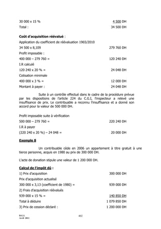 D.G.I.
Avril 2011
402
30 000 x 15 % 4 500 DH
Total : 34 500 DH
Coût d’acquisition réévalué :
Application du coefficient de réévaluation 1965/2010
34 500 x 8,109 279 760 DH
Profit imposable :
400 000 Ŕ 279 760 = 120 240 DH
I.R calculé
120 240 x 20 % = 24 048 DH
Cotisation minimale
400 000 x 3 % = 12 000 DH
Montant à payer : 24 048 DH
Suite à un contrôle effectué dans le cadre de la procédure prévue
par les dispositions de l’article 224 du C.G.I, l'inspecteur a relevé une
insuffisance de prix. Le contribuable a reconnu l'insuffisance et a donné son
accord pour la valeur de 500 000 DH.
Profit imposable suite à vérification
500 000 Ŕ 279 760 = 220 240 DH
I.R à payer
(220 240 x 20 %) Ŕ 24 048 = 20 000 DH
Exemple 8
Un contribuable cède en 2006 un appartement à titre gratuit à une
tierce personne, acquis en 1980 au prix de 300 000 DH.
L'acte de donation stipule une valeur de 1 200 000 DH.
Calcul de l'impôt dû :
1) Prix d'acquisition 300 000 DH
Prix d'acquisition actualisé
300 000 x 3,13 (coefficient de 1980) = 939 000 DH
2) Frais d’acquisition réévalués
939 000 x 15 % = 140 850 DH
Total à déduire 1 079 850 DH
3) Prix de cession déclaré : 1 200 000 DH
 
