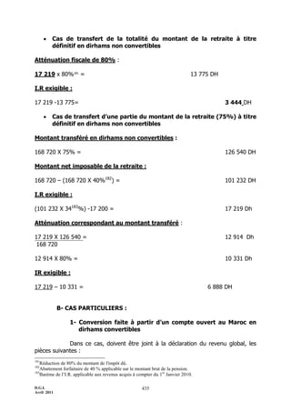 D.G.I.
Avril 2011
435
 Cas de transfert de la totalité du montant de la retraite à titre
définitif en dirhams non convertibles
Atténuation fiscale de 80% :
17 219 x 80%181
= 13 775 DH
I.R exigible :
17 219 -13 775= 3 444 DH
 Cas de transfert d’une partie du montant de la retraite (75%) à titre
définitif en dirhams non convertibles
Montant transféré en dirhams non convertibles :
168 720 X 75% = 126 540 DH
Montant net imposable de la retraite :
168 720 Ŕ (168 720 X 40%182
) = 101 232 DH
I.R exigible :
(101 232 X 34183
%) -17 200 = 17 219 Dh
Atténuation correspondant au montant transféré :
17 219 X 126 540 = 12 914 Dh
168 720
12 914 X 80% = 10 331 Dh
IR exigible :
17 219 Ŕ 10 331 = 6 888 DH
B- CAS PARTICULIERS :
1- Conversion faite à partir d’un compte ouvert au Maroc en
dirhams convertibles
Dans ce cas, doivent être joint à la déclaration du revenu global, les
pièces suivantes :
181
Réduction de 80% du montant de l'impôt dû.
182
Abattement forfaitaire de 40 % applicable sur le montant brut de la pension.
183
Barème de l’I.R. applicable aux revenus acquis à compter du 1er
Janvier 2010.
 