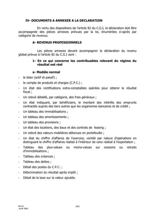 D.G.I.
Avril 2011
449
IV- DOCUMENTS A ANNEXER A LA DECLARATION
En vertu des dispositions de l’article 82 du C.G.I, la déclaration doit être
accompagnée des pièces annexes prévues par la loi, énumérées ci-après par
catégorie de revenus.
A- REVENUS PROFESSIONNELS
Les pièces annexes devant accompagner la déclaration du revenu
global prévue à l'article 82 du C.G.I sont :
1- En ce qui concerne les contribuables relevant du régime du
résultat net réel
a- Modèle normal
- le bilan (actif et passif) ;
- le compte de produits et charges (C.P.C.) ;
- Un état des rectifications extra-comptables opérées pour obtenir le résultat
fiscal ;
- Un relevé détaillé, par catégorie, des frais généraux ;
- Un état indiquant, par bénéficiaire, le montant des intérêts des emprunts
contractés auprès des tiers autres que les organismes bancaires et de crédit ;
- Un tableau des immobilisations ;
- Un tableau des amortissements ;
- Un tableau des provisions ;
- Un état des locations, des baux et des contrats de leasing ;
- Un relevé des valeurs mobilières détenues en portefeuille ;
- Un état du chiffre d'affaires de l'exercice, ventilé par nature d'opérations en
distinguant le chiffre d'affaires réalisé à l'intérieur de celui réalisé à l'exportation ;
- Tableau des plus-values ou moins-values sur cessions ou retraits
d’immobilisations ;
- Tableau des créances ;
- Tableau des dettes ;
- Détail des postes du C.P.C. ;
- Détermination du résultat après impôt ;
- Détail de la taxe sur la valeur ajoutée.
 