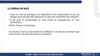 • C’est un outil de pilotage à la disposition d’un responsable et de son
équipe, pour prendre des décisions et agir afin d’atteindre des objectifs.
• Il est pour le responsable un outil d’aide au management en trois
dimensions.
Piloter, Animer et Organiser.
En résumé, C’est un outil d’aide à la réflexion. Il ne dit pas comment agir
mais incite à se poser les bonnes questions.
Le tableau de bord
 