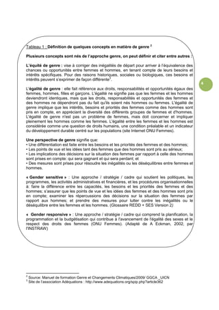 4
Tableau 1 : Définition de quelques concepts en matière de genre 2
Plusieurs concepts sont nés de l’approche genre, on peut définir et citer entre autres :
L’équité de genre : vise à corriger des inégalités de départ pour arriver à l’équivalence des
chances ou opportunités entre femmes et hommes, en tenant compte de leurs besoins et
intérêts spécifiques. Pour des raisons historiques, sociales ou biologiques, ces besoins et
intérêts peuvent s’exprimer de façon différente3
.
L'égalité de genre : elle fait référence aux droits, responsabilités et opportunités égaux des
femmes, hommes, filles et garçons. L'égalité ne signifie pas que les femmes et les hommes
deviendront identiques, mais que les droits, responsabilités et opportunités des femmes et
des hommes ne dépendront pas du fait qu'ils soient nés hommes ou femmes. L'égalité de
genre implique que les intérêts, besoins et priorités des femmes comme des hommes sont
pris en compte, en appréciant la diversité des différents groupes de femmes et d'hommes.
L'égalité de genre n'est pas un problème de femmes, mais doit concerner et impliquer
pleinement les hommes comme les femmes. L'égalité entre les femmes et les hommes est
considérée comme une question de droits humains, une condition préalable et un indicateur
du développement durable centré sur les populations (site Internet ONU Femmes).
Une perspective de genre signifie que:
• Une différentiation est faite entre les besoins et les priorités des femmes et des hommes;
• Les points de vue et les idées tant des femmes que des hommes sont pris au sérieux;
• Les implications des décisions sur la situation des femmes par rapport à celle des hommes
sont prises en compte: qui sera gagnant et qui sera perdant; et
• Des mesures sont prises pour résoudre les inégalités ou les déséquilibres entre femmes et
hommes.
« Gender sensitive » : Une approche / stratégie / cadre qui soutient les politiques, les
programmes, les activités administratives et financières, et les procédures organisationnelles
à: faire la différence entre les capacités, les besoins et les priorités des femmes et des
hommes; s’assurer que les points de vue et les idées des femmes et des hommes sont pris
en compte; examiner les répercussions des décisions sur la situation des femmes par
rapport aux hommes; et prendre des mesures pour lutter contre les inégalités ou le
déséquilibre entre les femmes et les hommes. (Glossaire REDD + SES Version 2)
« Gender responsive » : Une approche / stratégie / cadre qui comprend la planification, la
programmation et la budgétisation qui contribue à l'avancement de l'égalité des sexes et le
respect des droits des femmes (ONU Femmes). (Adapté de A Eckman, 2002, par
l'INSTRAW)
2
Source: Manuel de formation Genre et Changements Climatiques/2009/ GGCA _UICN
3
Site de l’association Adéquations : http://www.adequations.org/spip.php?article362
 
