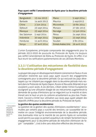 52
Bangladesh 13 nov 2013
Barbade 14 août 2013
Chine 2 Juin 2014
Djibouti 23 sept 2014
Mexique 23 sept 2014
Iles Salomon 5 sept 2014
Indonésie 30 sept 2014
Honduras 11 avril 2014
Kenya 07 avril 2014
Maroc 5 sept 2014
Maurice 5 sept2013
Micronésie 19 fév 2014
Monaco 27 déc 2013
Norvège 12 juin 2014
Pérou 24 sept 2014
Singapour 23 sept 2014
Soudan 3 fév 2014
EmiratsArabesUnis 26 avril 2013
Pays ayant ratifié l’amendement de Kyoto pour la deuxième période
d’engagement
L’union Européenne, principale composante des engagements pour la
période 2013-2020 de poursuite du Protocole de Kyoto n’a toujours
pas ratifié l’amendement de Doha au Protocole de Kyoto. En effet, il lui
faut réunir les ratifications parlementaires de ses 28 Etats-Membres.
3.3.3 / L’utilisation des mécanismes de flexibilité dans
la deuxième période d’engagement
La plupart des pays en développement étaient clairement en faveur d’une
utilisation restreinte aux seuls pays ayant souscrit des engagements
contraignants pour la deuxième période. Ce qui exclurait les pays déve-
loppés qui ne s’étaient pas engagés dans la deuxième période mais res-
tant dans le Protocole de Kyoto (Japon, Russie et Nouvelle Zélande) et qui
voulaient y avoir accès. A ces derniers, s’était ralliée l’Union Européenne
soulignant qu’une utilisation élargie de ces mécanismes augmenterait la
demande de quotas d’émissions qui se négocient sur le marché et donc
tirerait vers le haut un prix du carbone actuellement au plus bas. Finale-
ment, l’accord a limité leur utilisation aux seuls pays ayant adopté des
objectifs chiffrés pour la deuxième période du Protocole de Kyoto.
La gestion des quotas excédentaires
La question de la gestion des quotas d’émissions excédentaires26
accu-
mulées par certains pays a suscité des tensions, car susceptible de re-
mettre en cause l’intégrité environnementale de la deuxième période.
Une éventuelle mise sur le marché de ces permis Kyoto en surnombre
aurait permis aux pays se portant acquéreurs de remplir facilement leurs
engagements pour la deuxième période de réduction d’émission de fa-
çon “ comptable ”, c’est à dire sans réduction effective des émissions.
26
Cet excédent
de quotas
représente
au total 13
milliards de
quotas fin
2012.
 