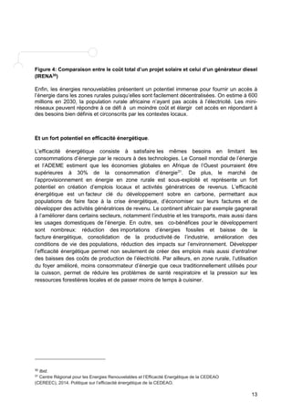 Figure 4: Comparaison entre le coût total d’un projet solaire et celui d’un générateur diesel 
(IRENA30) 
Enfin, les énergies renouvelables présentent un potentiel immense pour fournir un accès à 
l’énergie dans les zones rurales puisqu’elles sont facilement décentralisées. On estime à 600 
millions en 2030, la population rurale africaine n’ayant pas accès à l’électricité. Les mini-réseaux 
peuvent répondre à ce défi à un moindre coût et élargir cet accès en répondant à 
13 
des besoins bien définis et circonscrits par les contextes locaux. 
Et un fort potentiel en efficacité énergétique. 
L’efficacité énergétique consiste à satisfaire les mêmes besoins en limitant les 
consommations d’énergie par le recours à des technologies. Le Conseil mondial de l’énergie 
et l’ADEME estiment que les économies globales en Afrique de l’Ouest pourraient être 
supérieures à 30% de la consommation d’énergie31. De plus, le marché de 
l’approvisionnement en énergie en zone rurale est sous-exploité et représente un fort 
potentiel en création d’emplois locaux et activités génératrices de revenus. L’efficacité 
énergétique est un facteur clé du développement sobre en carbone, permettant aux 
populations de faire face à la crise énergétique, d’économiser sur leurs factures et de 
développer des activités génératrices de revenu. Le continent africain par exemple gagnerait 
à l’améliorer dans certains secteurs, notamment l’industrie et les transports, mais aussi dans 
les usages domestiques de l’énergie. En outre, ses co-bénéfices pour le développement 
sont nombreux: réduction des importations d’énergies fossiles et baisse de la 
facture énergétique, consolidation de la productivité de l’industrie, amélioration des 
conditions de vie des populations, réduction des impacts sur l’environnement. Développer 
l’efficacité énergétique permet non seulement de créer des emplois mais aussi d’entraîner 
des baisses des coûts de production de l’électricité. Par ailleurs, en zone rurale, l’utilisation 
du foyer amélioré, moins consommateur d’énergie que ceux traditionnellement utilisés pour 
la cuisson, permet de réduire les problèmes de santé respiratoire et la pression sur les 
ressources forestières locales et de passer moins de temps à cuisiner. 
30 Ibid. 
31 Centre Régional pour les Energies Renouvelables et l’Efficacité Energétique de la CEDEAO 
(CEREEC), 2014. Politique sur l’efficiacité énergétique de la CEDEAO. 
 