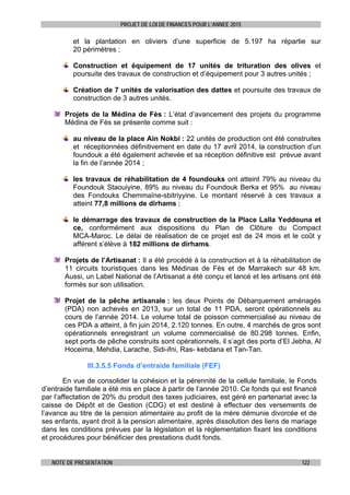 PROJET DE LOI DE FINANCES POUR L’ANNEE 2015
NOTE DE PRESENTATION 122
et la plantation en oliviers d’une superficie de 5.197 ha répartie sur
20 périmètres ;
Construction et équipement de 17 unités de trituration des olives et
poursuite des travaux de construction et d’équipement pour 3 autres unités ;
Création de 7 unités de valorisation des dattes et poursuite des travaux de
construction de 3 autres unités.
Projets de la Médina de Fès : L’état d’avancement des projets du programme
Médina de Fès se présente comme suit :
au niveau de la place Ain Nokbi : 22 unités de production ont été construites
et réceptionnées définitivement en date du 17 avril 2014, la construction d’un
foundouk a été également achevée et sa réception définitive est prévue avant
la fin de l’année 2014 ;
les travaux de réhabilitation de 4 foundouks ont atteint 79% au niveau du
Foundouk Staouiyine, 89% au niveau du Foundouk Berka et 95% au niveau
des Fondouks Chemmaïne-sbitriyyine. Le montant réservé à ces travaux a
atteint 77,8 millions de dirhams ;
le démarrage des travaux de construction de la Place Lalla Yeddouna et
ce, conformément aux dispositions du Plan de Clôture du Compact
MCA-Maroc. Le délai de réalisation de ce projet est de 24 mois et le coût y
afférent s’élève à 182 millions de dirhams.
Projets de l’Artisanat : Il a été procédé à la construction et à la réhabilitation de
11 circuits touristiques dans les Médinas de Fès et de Marrakech sur 48 km.
Aussi, un Label National de l’Artisanat a été conçu et lancé et les artisans ont été
formés sur son utilisation.
Projet de la pêche artisanale : les deux Points de Débarquement aménagés
(PDA) non achevés en 2013, sur un total de 11 PDA, seront opérationnels au
cours de l’année 2014. Le volume total de poisson commercialisé au niveau de
ces PDA a atteint, à fin juin 2014, 2.120 tonnes. En outre, 4 marchés de gros sont
opérationnels enregistrant un volume commercialisé de 80.298 tonnes. Enfin,
sept ports de pêche construits sont opérationnels, il s’agit des ports d’El Jebha, Al
Hoceima, Mehdia, Larache, Sidi-ifni, Ras- kebdana et Tan-Tan.
III.3.5.5 Fonds d’entraide familiale (FEF)
En vue de consolider la cohésion et la pérennité de la cellule familiale, le Fonds
d’entraide familiale a été mis en place à partir de l’année 2010. Ce fonds qui est financé
par l’affectation de 20% du produit des taxes judiciaires, est géré en partenariat avec la
caisse de Dépôt et de Gestion (CDG) et est destiné à effectuer des versements de
l’avance au titre de la pension alimentaire au profit de la mère démunie divorcée et de
ses enfants, ayant droit à la pension alimentaire, après dissolution des liens de mariage
dans les conditions prévues par la législation et la réglementation fixant les conditions
et procédures pour bénéficier des prestations dudit fonds.
 