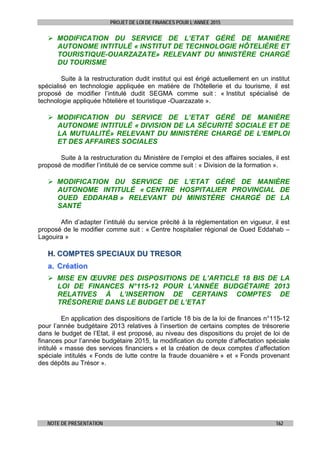 PROJET DE LOI DE FINANCES POUR L’ANNEE 2015
NOTE DE PRESENTATION 162
 MODIFICATION DU SERVICE DE L’ETAT GÉRÉ DE MANIÈRE
AUTONOME INTITULÉ « INSTITUT DE TECHNOLOGIE HÔTELIÈRE ET
TOURISTIQUE-OUARZAZATE» RELEVANT DU MINISTÈRE CHARGÉ
DU TOURISME
Suite à la restructuration dudit institut qui est érigé actuellement en un institut
spécialisé en technologie appliquée en matière de l’hôtellerie et du tourisme, il est
proposé de modifier l’intitulé dudit SEGMA comme suit : « Institut spécialisé de
technologie appliquée hôtelière et touristique -Ouarzazate ».
 MODIFICATION DU SERVICE DE L’ETAT GÉRÉ DE MANIÈRE
AUTONOME INTITULÉ « DIVISION DE LA SÉCURITÉ SOCIALE ET DE
LA MUTUALITÉ» RELEVANT DU MINISTÈRE CHARGÉ DE L’EMPLOI
ET DES AFFAIRES SOCIALES
Suite à la restructuration du Ministère de l’emploi et des affaires sociales, il est
proposé de modifier l’intitulé de ce service comme suit : « Division de la formation ».
 MODIFICATION DU SERVICE DE L’ETAT GÉRÉ DE MANIÈRE
AUTONOME INTITULÉ « CENTRE HOSPITALIER PROVINCIAL DE
OUED EDDAHAB » RELEVANT DU MINISTÈRE CHARGÉ DE LA
SANTÉ
Afin d’adapter l’intitulé du service précité à la réglementation en vigueur, il est
proposé de le modifier comme suit : « Centre hospitalier régional de Oued Eddahab –
Lagouira »
HH.. CCOOMMPPTTEESS SSPPEECCIIAAUUXX DDUU TTRREESSOORR
aa.. CCrrééaattiioonn
 MISE EN ŒUVRE DES DISPOSITIONS DE L’ARTICLE 18 BIS DE LA
LOI DE FINANCES N°115-12 POUR L’ANNÉE BUDGÉTAIRE 2013
RELATIVES À L’INSERTION DE CERTAINS COMPTES DE
TRÉSORERIE DANS LE BUDGET DE L’ETAT
En application des dispositions de l’article 18 bis de la loi de finances n°115-12
pour l’année budgétaire 2013 relatives à l’insertion de certains comptes de trésorerie
dans le budget de l’Etat, il est proposé, au niveau des dispositions du projet de loi de
finances pour l’année budgétaire 2015, la modification du compte d’affectation spéciale
intitulé « masse des services financiers » et la création de deux comptes d’affectation
spéciale intitulés « Fonds de lutte contre la fraude douanière » et « Fonds provenant
des dépôts au Trésor ».
 