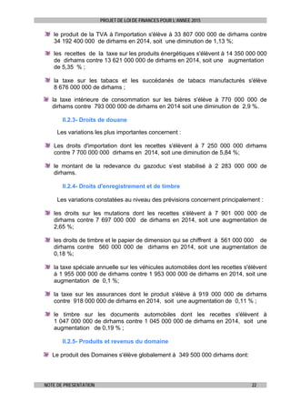 PROJET DE LOI DE FINANCES POUR L’ANNEE 2015
NOTE DE PRESENTATION 22
le produit de la TVA à l'importation s'élève à 33 807 000 000 de dirhams contre
34 192 400 000 de dirhams en 2014, soit une diminution de 1,13 %;
les recettes de la taxe sur les produits énergétiques s'élèvent à 14 350 000 000
de dirhams contre 13 621 000 000 de dirhams en 2014, soit une augmentation
de 5,35 % ;
la taxe sur les tabacs et les succédanés de tabacs manufacturés s'élève
8 676 000 000 de dirhams ;
la taxe intérieure de consommation sur les bières s'élève à 770 000 000 de
dirhams contre 793 000 000 de dirhams en 2014 soit une diminution de 2,9 %.
II.2.3- Droits de douane
Les variations les plus importantes concernent :
Les droits d'importation dont les recettes s'élèvent à 7 250 000 000 dirhams
contre 7 700 000 000 dirhams en 2014, soit une diminution de 5,84 %;
le montant de la redevance du gazoduc s’est stabilisé à 2 283 000 000 de
dirhams.
II.2.4- Droits d'enregistrement et de timbre
Les variations constatées au niveau des prévisions concernent principalement :
les droits sur les mutations dont les recettes s'élèvent à 7 901 000 000 de
dirhams contre 7 697 000 000 de dirhams en 2014, soit une augmentation de
2,65 %;
les droits de timbre et le papier de dimension qui se chiffrent à 561 000 000 de
dirhams contre 560 000 000 de dirhams en 2014, soit une augmentation de
0,18 %;
la taxe spéciale annuelle sur les véhicules automobiles dont les recettes s'élèvent
à 1 955 000 000 de dirhams contre 1 953 000 000 de dirhams en 2014, soit une
augmentation de 0,1 %;
la taxe sur les assurances dont le produit s'élève à 919 000 000 de dirhams
contre 918 000 000 de dirhams en 2014, soit une augmentation de 0,11 % ;
le timbre sur les documents automobiles dont les recettes s'élèvent à
1 047 000 000 de dirhams contre 1 045 000 000 de dirhams en 2014, soit une
augmentation de 0,19 % ;
II.2.5- Produits et revenus du domaine
Le produit des Domaines s'élève globalement à 349 500 000 dirhams dont:
 