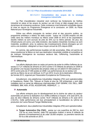 PROJET DE LOI DE FINANCES POUR L’ANNEE 2015
NOTE DE PRESENTATION 36
III.1.1.2.1 Plan d’accélération industrielle 2014-2020
III.1.1.2.1.1 Consolidation des acquis de la stratégie
émergence industrielle
Le Plan d’accélération industriel vient renforcer les fondements de l’édifice
industriel en place et les acquis du secteur qui est d’ores et déjà engagé dans une
dynamique de croissance soutenue. Cette croissance s’est fortement consolidée depuis
la mise en œuvre du Programme Emergence et la conclusion, en 2009, du Pacte
National pour l’Emergence Industrielle.
Grâce aux efforts conjugués du secteur privé et des pouvoirs publics, ce
programme ambitieux a obtenu de réels succès : autour de 110.000 emplois ont été
créés dans les métiers mondiaux du Maroc entre 2008 et 2012 et les exportations
desdits métiers se sont accrues de près de 30% sur la même période. De plus, les
infrastructures ont connu une nette évolution, des leaders industriels mondiaux se sont
implantés, accélérant, ainsi, la cadence des investissements directs étrangers qui ont
connu une évolution atteignant un taux moyen annuel de 23% depuis 2009.
En somme, des performances louables ont été accomplies. Elles ont permis de
mieux positionner le Maroc en tant que destination industrielle crédible et compétitive et
de marquer l’émergence de nouveaux secteurs tels, l’offshoring, l’automobile et
l’aéronautique.
Offshoring
Les efforts déployés dans ce cadre ont permis de porter le chiffre d’affaires de ce
secteur à 7,21 milliards de dirhams en 2013 contre 4,15 milliards de dirhams en 2008 et
de générer une hausse importante des emplois créés qui ont atteint 57.000 postes en
2012 contre près de 27.400 postes en 2008. Les performances de ce secteur ont
permis au Maroc de se voir attribuer, le 27 juin 2012, le prix de la destination offshoring
de l'année 2012, organisé par l’Association Européenne de l'Outsourcing.
Actuellement, cinq plateformes Industrielles Intégrées (P2I) sont opérationnelles
à Casablanca, Rabat, Fès, Tétouan et Oujda et plus de 100 entreprises y sont déjà
installées dont un panel de références internationales (CAP GEMINI, CGI, DELL, BNP
PARIBAS, IBM, AXA, ATOS, ACCENTURE, WEBHELP,…).
Automobile
Les efforts entrepris pour le développement de la chaîne de valeur du secteur
automobile ont permis la réalisation d’un chiffre d’affaires à l’export, à fin août 2014, de
plus de 26,6 milliards de dirhams contre 19,47 milliards de dirhams à fin août 2013
(+34,4%). Cette performance est due principalement à l’accélération du rythme de
production de l’usine Renault Tanger Méditerranée.
Actuellement, deux plateformes Industrielles Intégrées (P2I) sont opérationnelles:
Tanger Automotive City (TAC): assise sur une superficie de 260 ha, dont
178 ha en zone franche, cette P2I permettra d’attirer à terme 8 milliards de
dirhams d’investissement et de créer 30.000 emplois. La première tranche de
55 ha a été achevée en 2013.
 