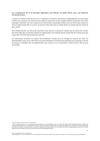 10
©2015 Propriété d’Ernst & Young Advisory
Cette présentation, à votre seul usage interne, est indissociable des éléments de contexte qui ont permis de l’établir et des commentaires oraux qui l’accompagnent.
Les conséquences de la loi devraient légèrement plus affecter les petits offices avec une traduction
territoriale directe.
L’impact en chiffres d’affaires de la Loi « Croissance et Activité » devrait être comparable pour tous les types
d’offices. En revanche, les offices les plus petits et aujourd’hui les plus fragiles (offices de type M1 dans notre
typologie6
) devraient voir leur marge et leur performance davantage diminuer que les offices plus grands et
moins fragiles (types M3). A ce titre, la part des offices M1 dans la marge totale du notariat devrait chuter de
deux points.
De la même manière, les offices M3 devraient mieux parvenir à préserver l’emploi que les offices M1, la part
des offices M3 dans le total des emplois de collaborateurs non-notaires devant augmenter de 2 points alors que
la part des offices M1 devrait diminuer d’autant.
Ces dynamiques devraient se traduire territorialement, compte tenu du maillage du notariat. En effet, les
départements ruraux où les offices M1 sont particulièrement concentrés devraient être plus impactés en terme
de marge et d’emplois que les départements plus urbains où la concentration d’offices M2 et M3 est plus
importante.
6
Notre modèle repose sur une segmentation des offices en trois catégories selon un critère de taille et de fragilité (mesurée au regard du
niveau de marge par ETP). Les offices M1 sont des offices plus petits et fragiles que les offices de catégorie M3. La répartition géographique de
ces offices est assez structurante dès lors que l’on observe une concentration accrue d’offices M1 dans les départements ruraux ou au faible
dynamisme économique alors que les offices M3 sont essentiellement urbains.
 