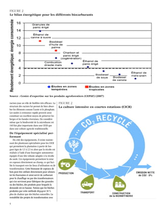 FIGURE 2
Le bilan énergétique pour les différents biocarburants




Source : Centre d’expertise sur les produits agroforestiers (CEPAF) (2007)

racines joue un rôle de biofiltre très efficace. La    FIGURE 2
structure des racines lui permet de bien absor-        La culture intensive en courtes rotations (CICR)
ber les éléments comme l’azote et le phosphate.
Les saules à croissance rapide peuvent ainsi
constituer un excellent moyen de préserver les
berges et les bandes riveraines. On considère
même que la biodiversité de la microfaune est
140 fois plus importante dans une CICR que
dans une culture agricole traditionnelle.
De l’équipement spécialisé per-
formant
    Du côté des équipements, il existe mainte-
nant des planteuses spécialisées pour les CICR
qui permettent la plantation à partir de lon-
gues tiges de 1,5 à 2,5 m alors que la récolte est
réalisée à l’aide d’une fourragère automotrice
équipée d’une tête robuste adaptée à la récolte
du saule. Ces équipements permettent la mise
en copeaux directement au champ, ce qui faci-
lite le transport vers les lieux d’utilisation ou de
transformation. Cette biomasse de copeaux de
bois peut être utilisée directement pour alimen-
ter les fournaises et ainsi servir de carburant
pour le chauffage ou par des transformateurs
qui s’en serviront pour fabriquer des granules
ou des bûches, des produits pour lesquels la
demande est en hausse. Notons que les bûches
produites par cette méthode dégagent 30 %
plus de chaleur que des bûches naturelles. La
rentabilité des projets de transformation avec

4
 