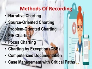 Methods Of Recording
• Narrative Charting
• Source-Oriented Charting
• Problem-Oriented Charting
• PIE Charting
• Focus Charting
• Charting by Exception (CBE)
• Computerized Documentation
• Case Management with Critical Paths
 