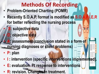 Methods Of Recording
• Problem-Oriented Charting (POMR)
• Recently S.O.A.P. format is modified as S.O.A.P.I.E.R
for better reflecting the nursing process
• S: subjective data
• O: objective data
• A: assessment (conclusion stated in a form of
nursing diagnoses or client problems)
• P: plan
• I : intervention (specific interventions implemented).
• E: evaluation. Pt response to interventions
• R: revision. Changes in treatment.
 