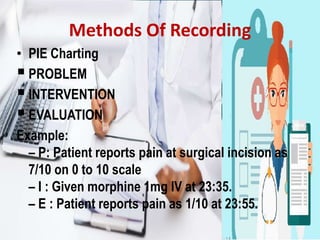 Methods Of Recording
• PIE Charting
PROBLEM
INTERVENTION
EVALUATION
Example:
– P: Patient reports pain at surgical incision as
7/10 on 0 to 10 scale
– I : Given morphine 1mg IV at 23:35.
– E : Patient reports pain as 1/10 at 23:55.
 