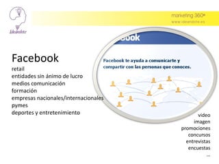 Facebook
retail
entidades sin ánimo de lucro
medios comunicación
formación
empresas nacionales/internacionales
pymes
deportes y entretenimiento video
imagen
promociones
concursos
entrevistas
encuestas
…
 