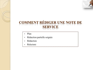 COMMENT RÉDIGER UNE NOTE DE
         SERVICE
  •   Plan
  •   Rédaction partielle soignée
  •   Rédaction
  •   Relecture
 
