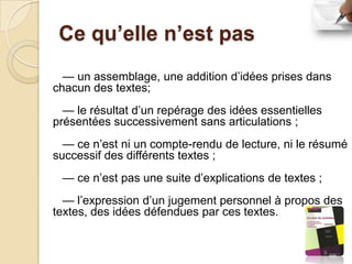 Ce qu’elle n’est pas
  — un assemblage, une addition d’idées prises dans
chacun des textes;
  — le résultat d’un repérage des idées essentielles
présentées successivement sans articulations ;
  — ce n’est ni un compte-rendu de lecture, ni le résumé
successif des différents textes ;
 — ce n’est pas une suite d’explications de textes ;
  — l’expression d’un jugement personnel à propos des
textes, des idées défendues par ces textes.
 