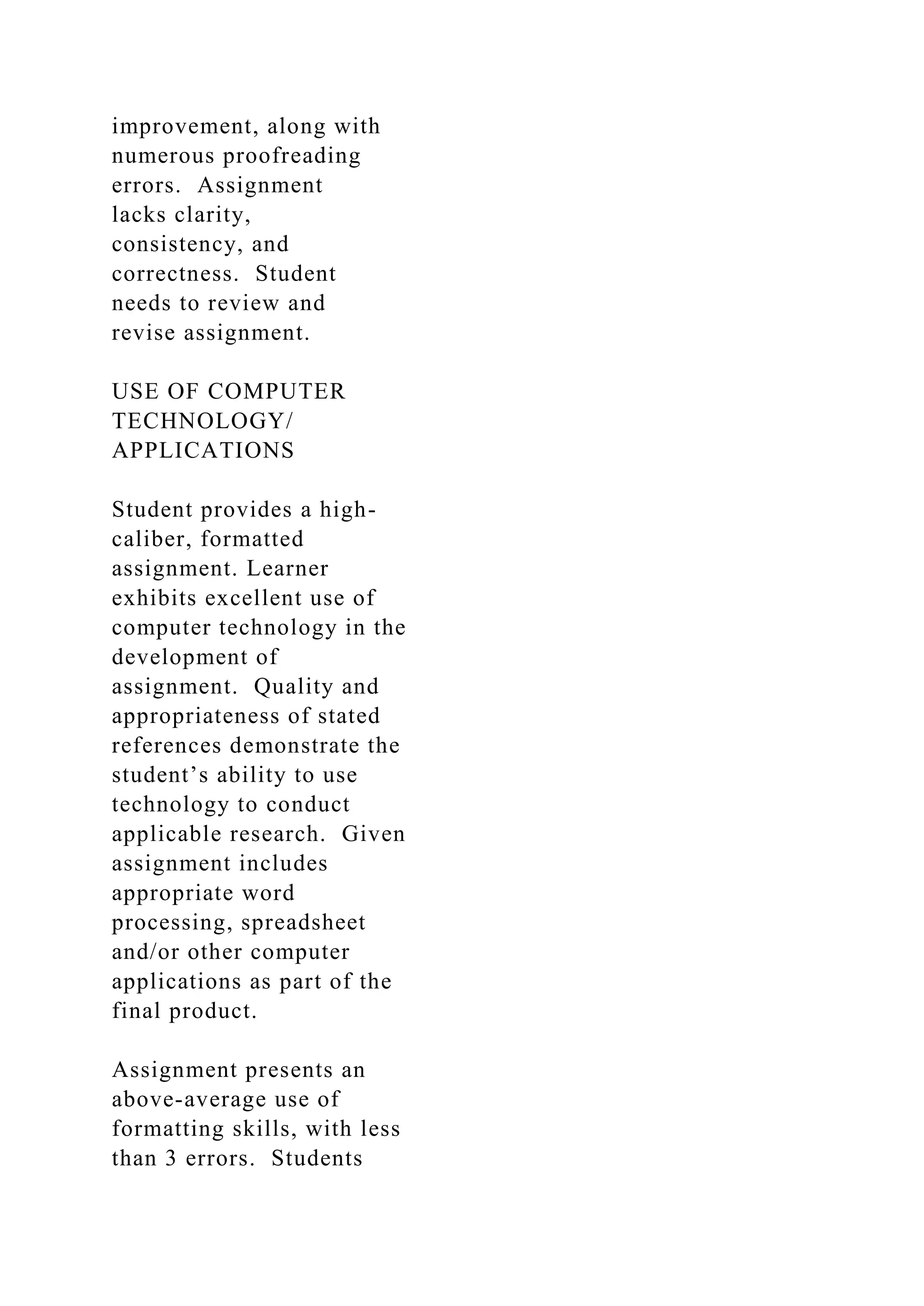 improvement, along with
numerous proofreading
errors. Assignment
lacks clarity,
consistency, and
correctness. Student
needs to review and
revise assignment.
USE OF COMPUTER
TECHNOLOGY/
APPLICATIONS
Student provides a high-
caliber, formatted
assignment. Learner
exhibits excellent use of
computer technology in the
development of
assignment. Quality and
appropriateness of stated
references demonstrate the
student’s ability to use
technology to conduct
applicable research. Given
assignment includes
appropriate word
processing, spreadsheet
and/or other computer
applications as part of the
final product.
Assignment presents an
above-average use of
formatting skills, with less
than 3 errors. Students
 