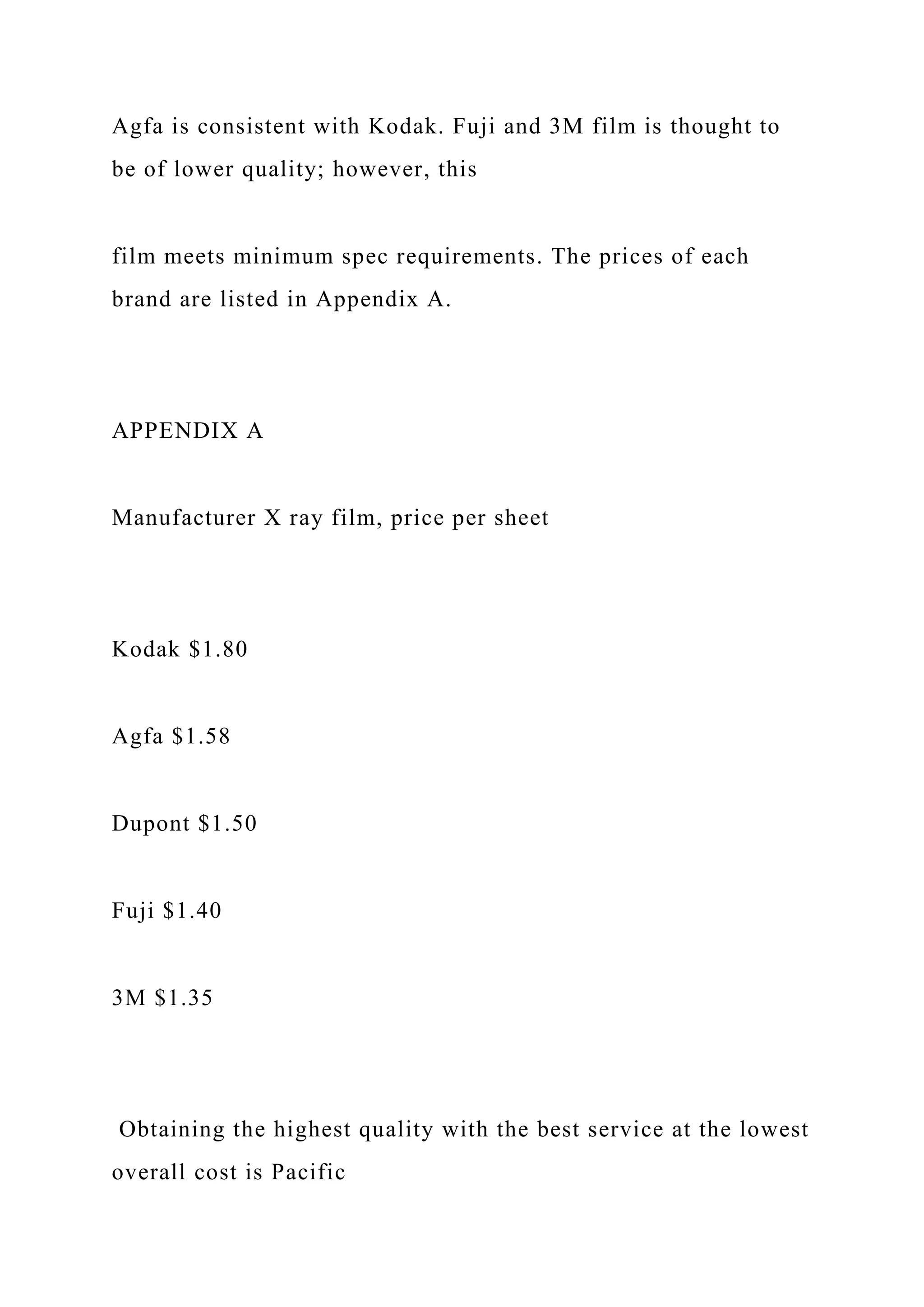 Agfa is consistent with Kodak. Fuji and 3M film is thought to
be of lower quality; however, this
film meets minimum spec requirements. The prices of each
brand are listed in Appendix A.
APPENDIX A
Manufacturer X ray film, price per sheet
Kodak $1.80
Agfa $1.58
Dupont $1.50
Fuji $1.40
3M $1.35
Obtaining the highest quality with the best service at the lowest
overall cost is Pacific
 