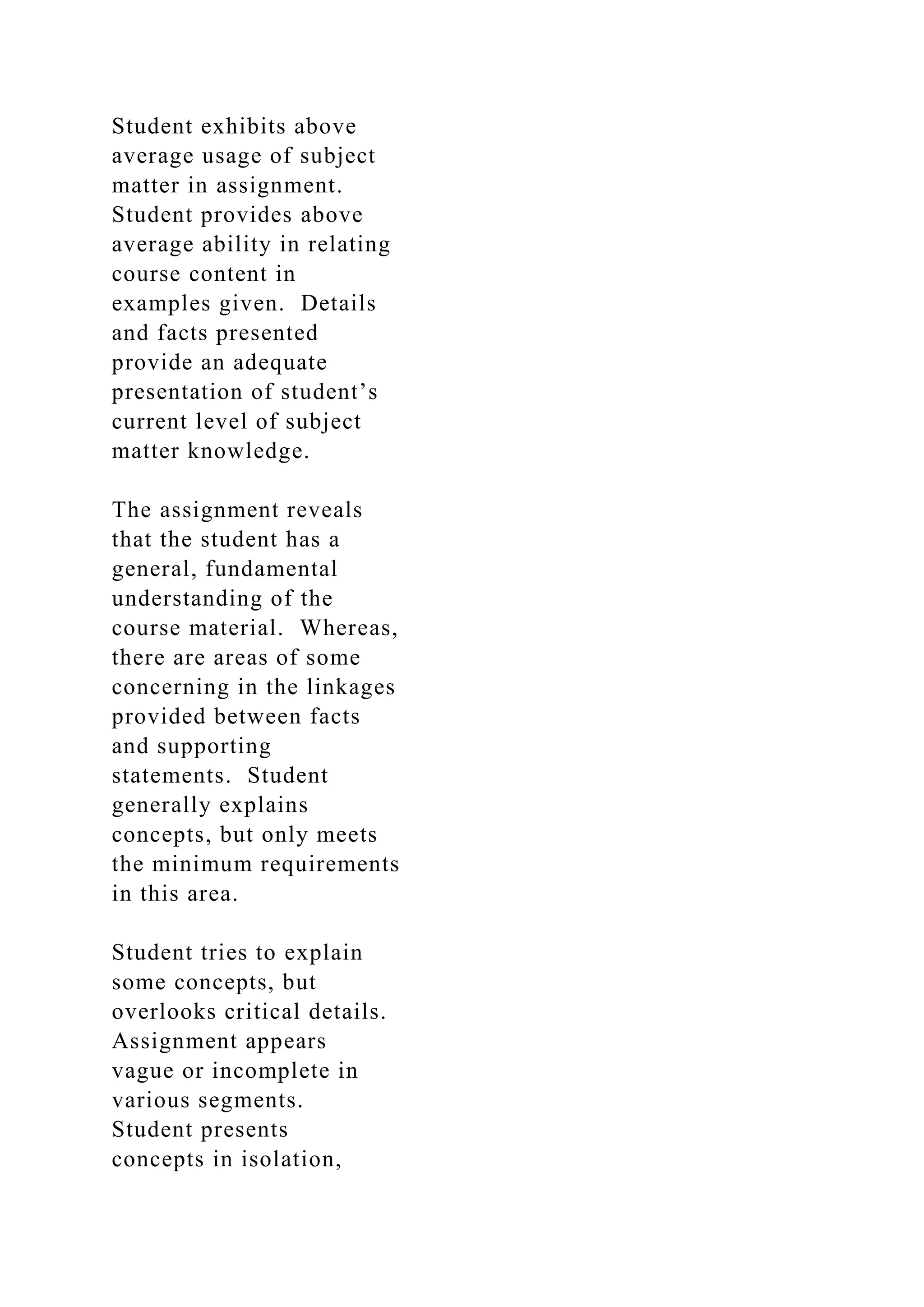 Student exhibits above
average usage of subject
matter in assignment.
Student provides above
average ability in relating
course content in
examples given. Details
and facts presented
provide an adequate
presentation of student’s
current level of subject
matter knowledge.
The assignment reveals
that the student has a
general, fundamental
understanding of the
course material. Whereas,
there are areas of some
concerning in the linkages
provided between facts
and supporting
statements. Student
generally explains
concepts, but only meets
the minimum requirements
in this area.
Student tries to explain
some concepts, but
overlooks critical details.
Assignment appears
vague or incomplete in
various segments.
Student presents
concepts in isolation,
 
