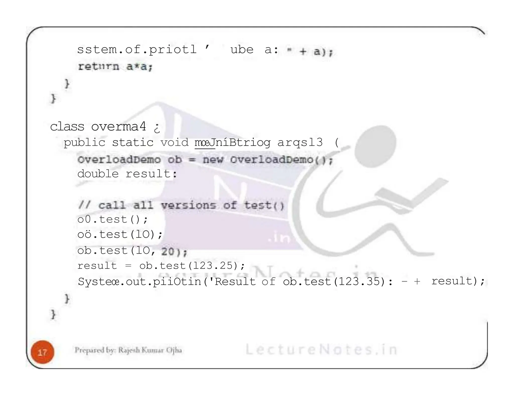 sstem.of.priotl ’ ube a: class overma4 ¿ public static void mœJníBtriog arqsl3 ( double result: o0.test(); oö.test(lO); ob.test(lO, result = ob.test(l23.25); Systeœ.out.piiOtin('Result of ob.test(123.35): - + result); 