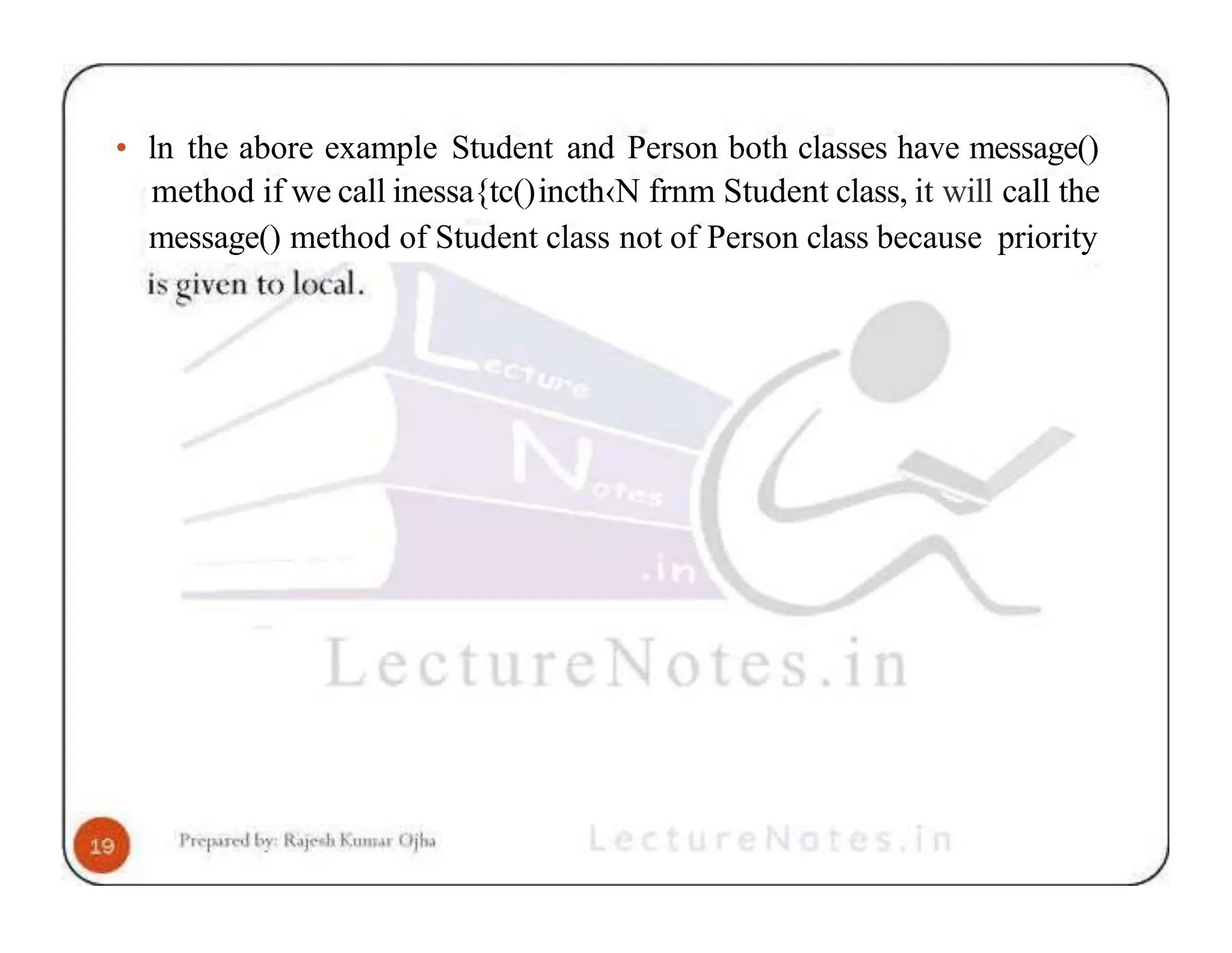 • ln the abore example Student and Person both classes have message() method if we call inessa{tc()incth‹N frnm Student class, it will call the message() method of Student class not of Person class because priority 